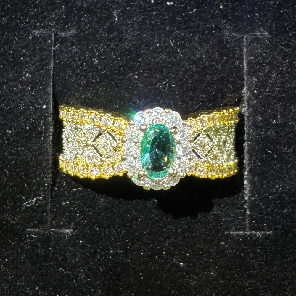 Gold-Plated Women's Ring with Green Emerald Center and Halo